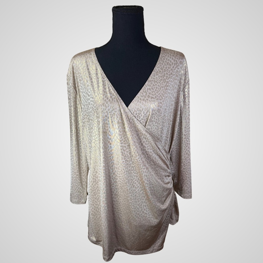 Travelers Collection by‎ Chico's Animal Print Faux Wrap Top Champagne Gold SZ 16